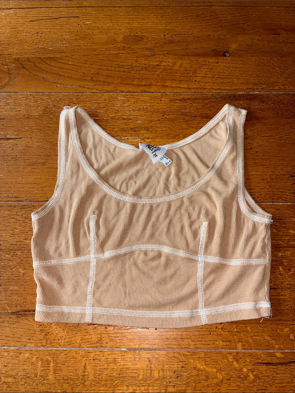 Princess Polly Beige Ribbed Crop Tank with White Trim
